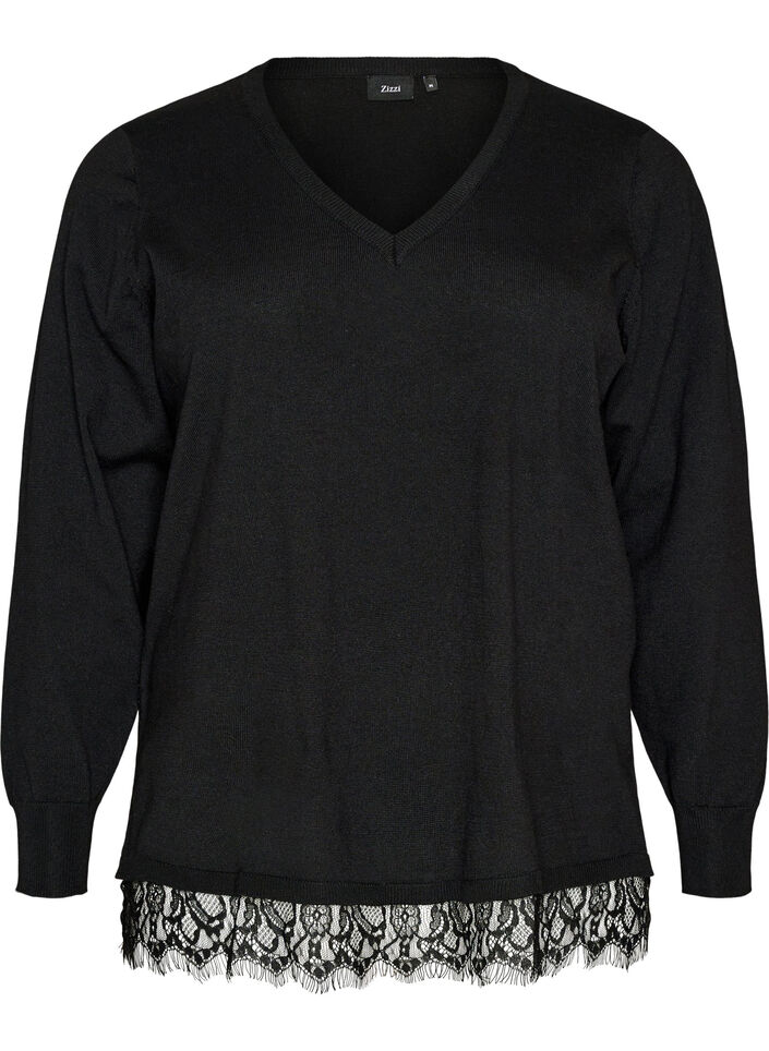 Blouse en maille avec col en V et finitions en dentelle, Noir, Packshot image number 0