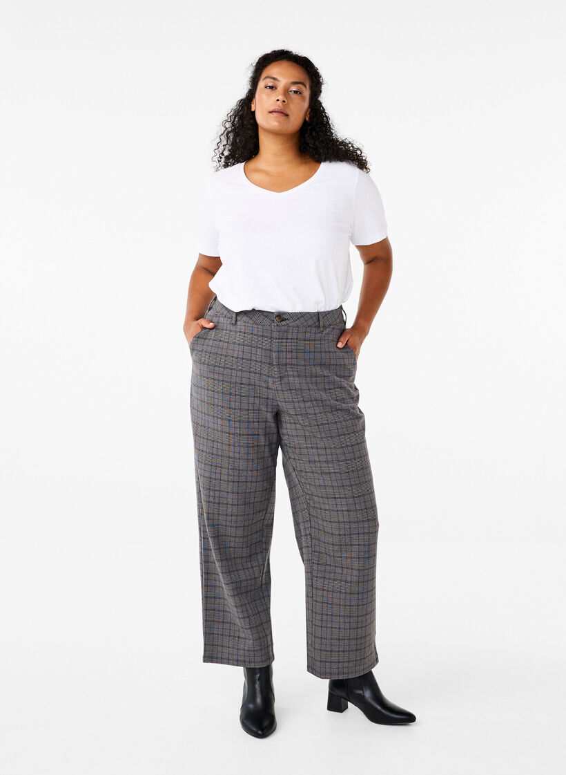 Pantalon à carreaux avec taille haute et jambes droites, Check, Model image number 0