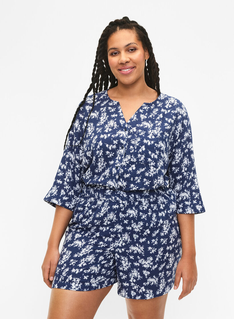 Florale Pyjamashorts aus Baumwolle, V. Indigo Flower AOP, Model image number 0