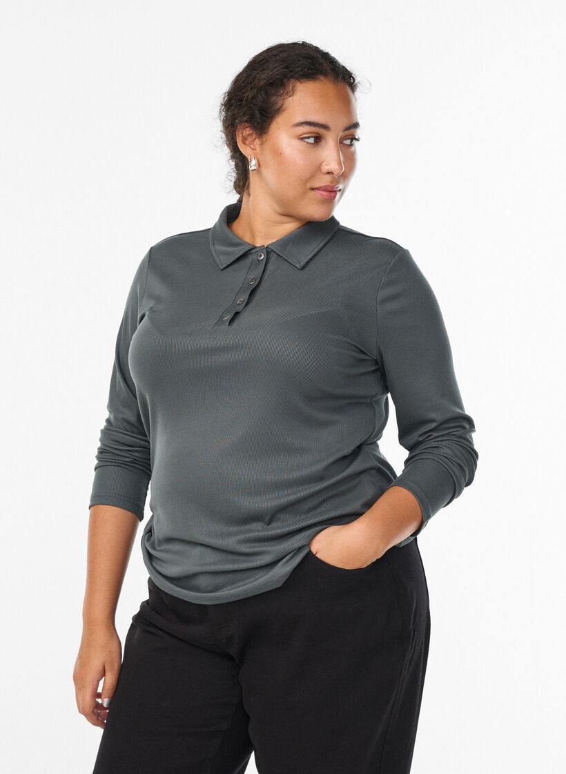 Polo en maille côtelée douce à manches longues, Vert foncé, Model image number 0