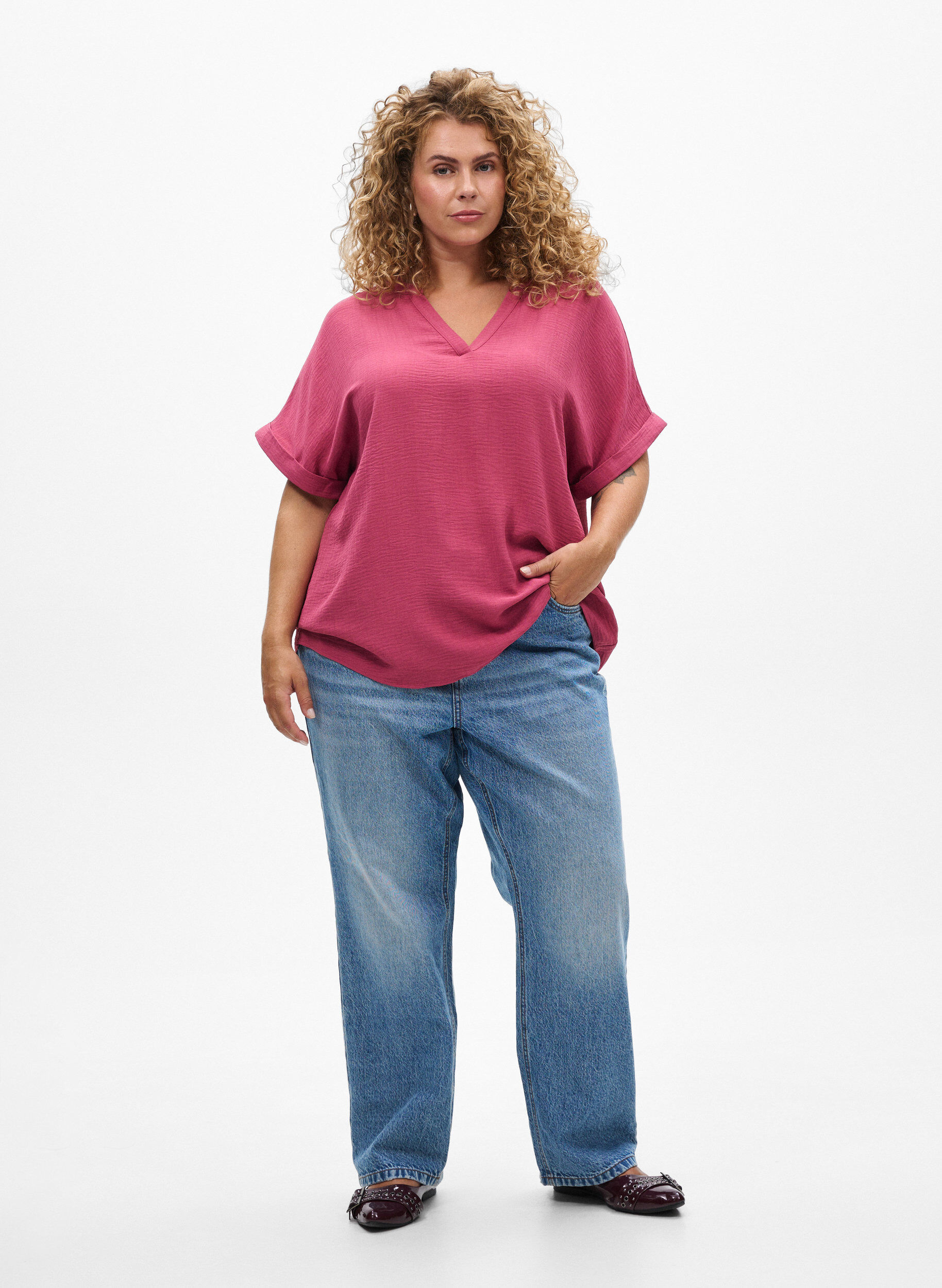 Zizzi Lockere Bluse mit kurzen &Auml;rmeln, Rot, Model image number 1