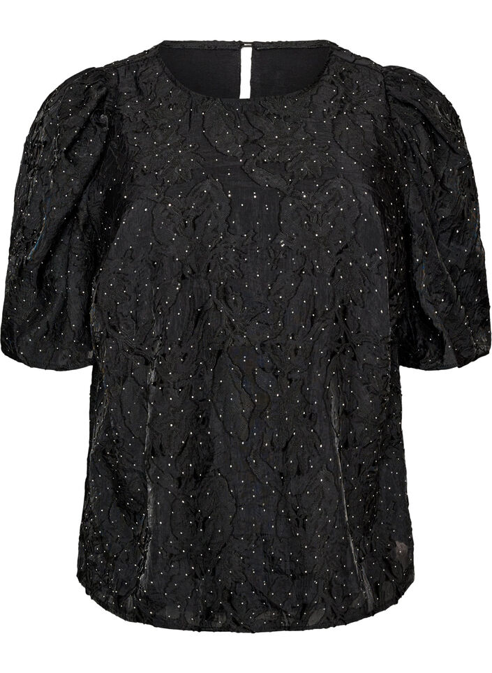 Blouse jacquard avec d&eacute;tails scintillants et manches bouffantes, Noir, Packshot image number 0
