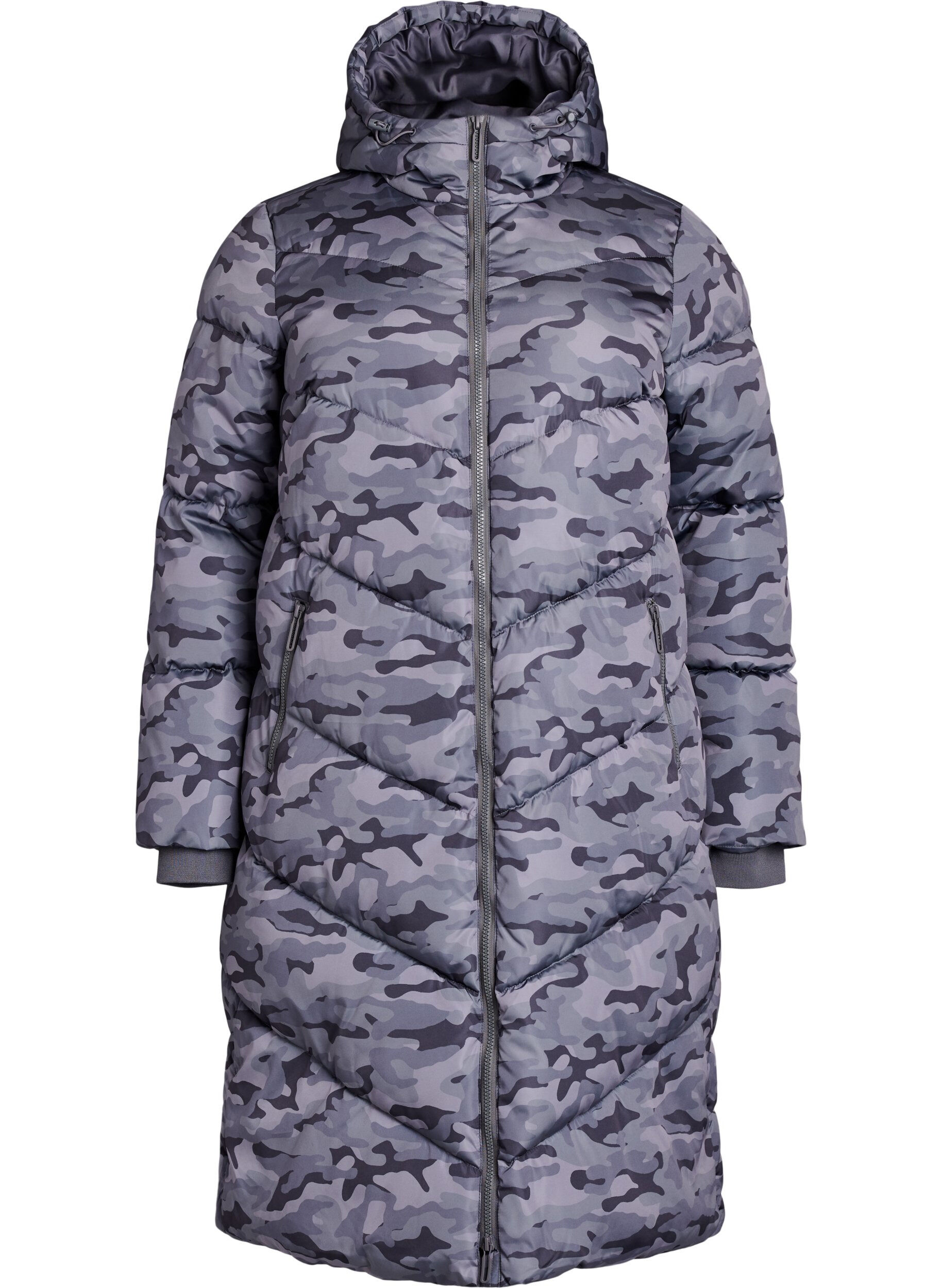 Zizzi Lange Camouflage-Steppjacke, Grau, Packshot image number 0
