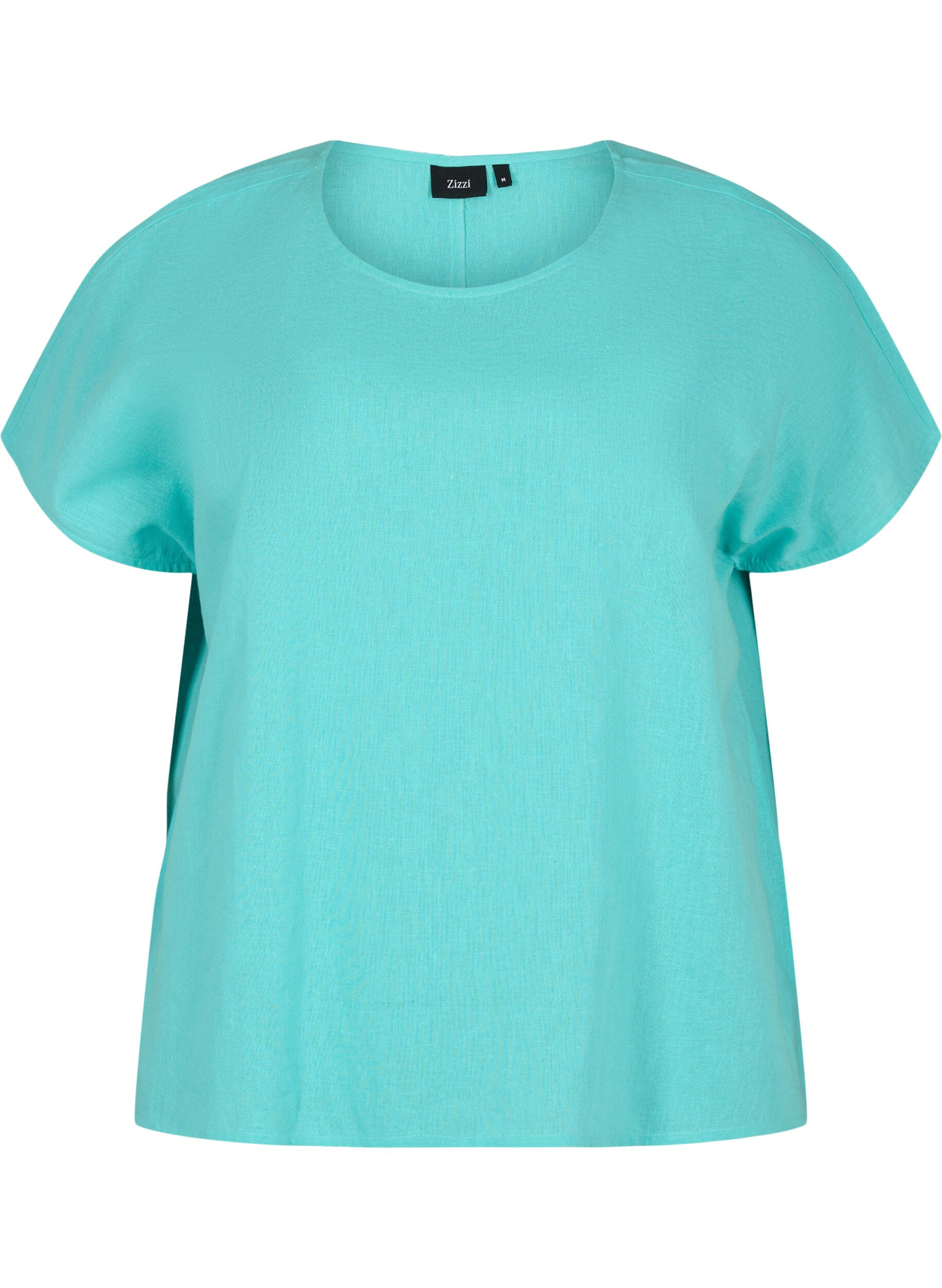 Zizzi Blouse &agrave; manches courtes en coton m&eacute;lang&eacute; avec du lin, Turquoise, Packshot image number 0