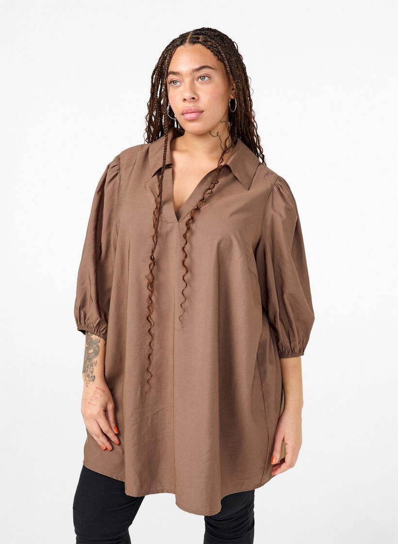 Tunique en viscose avec décolleté en V et col, Chocolate Chip, Model image number 0