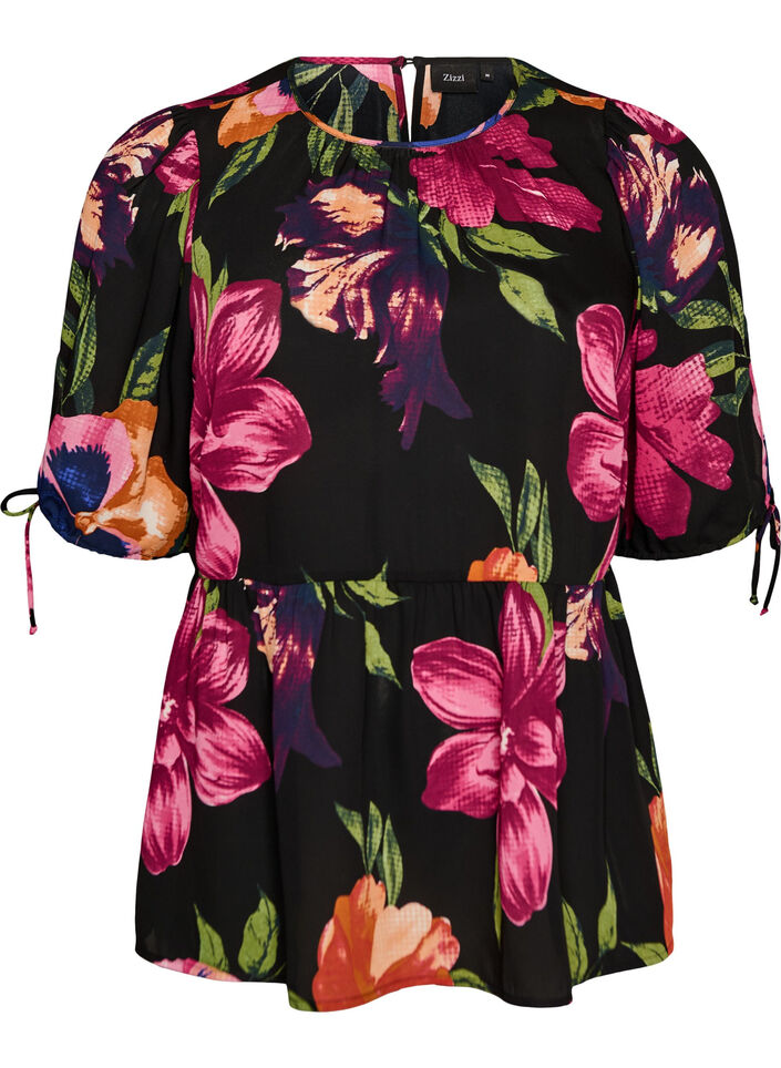 Bluse mit gebl&uuml;mtem Print und Peplum, Schwarz, Packshot image number 0