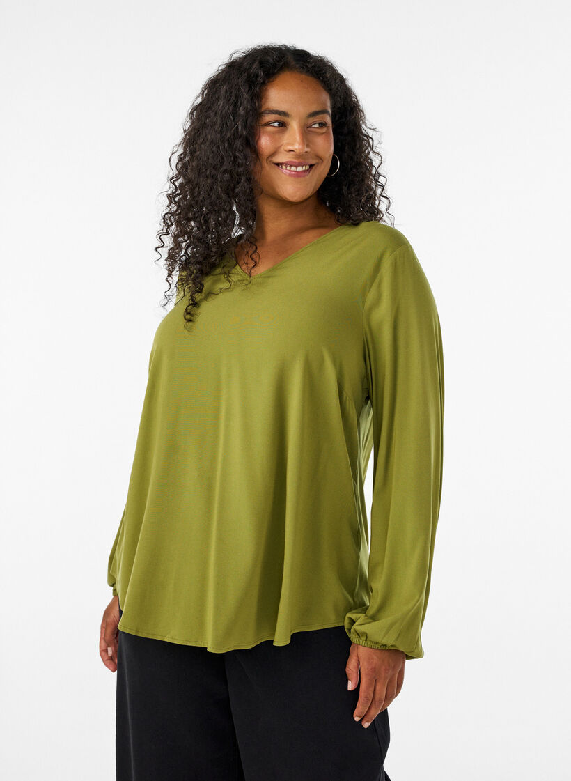 Bluse aus Viskose mit V-Ausschnitt und langen &Auml;rmeln, Gr&uuml;n, Model image number 0