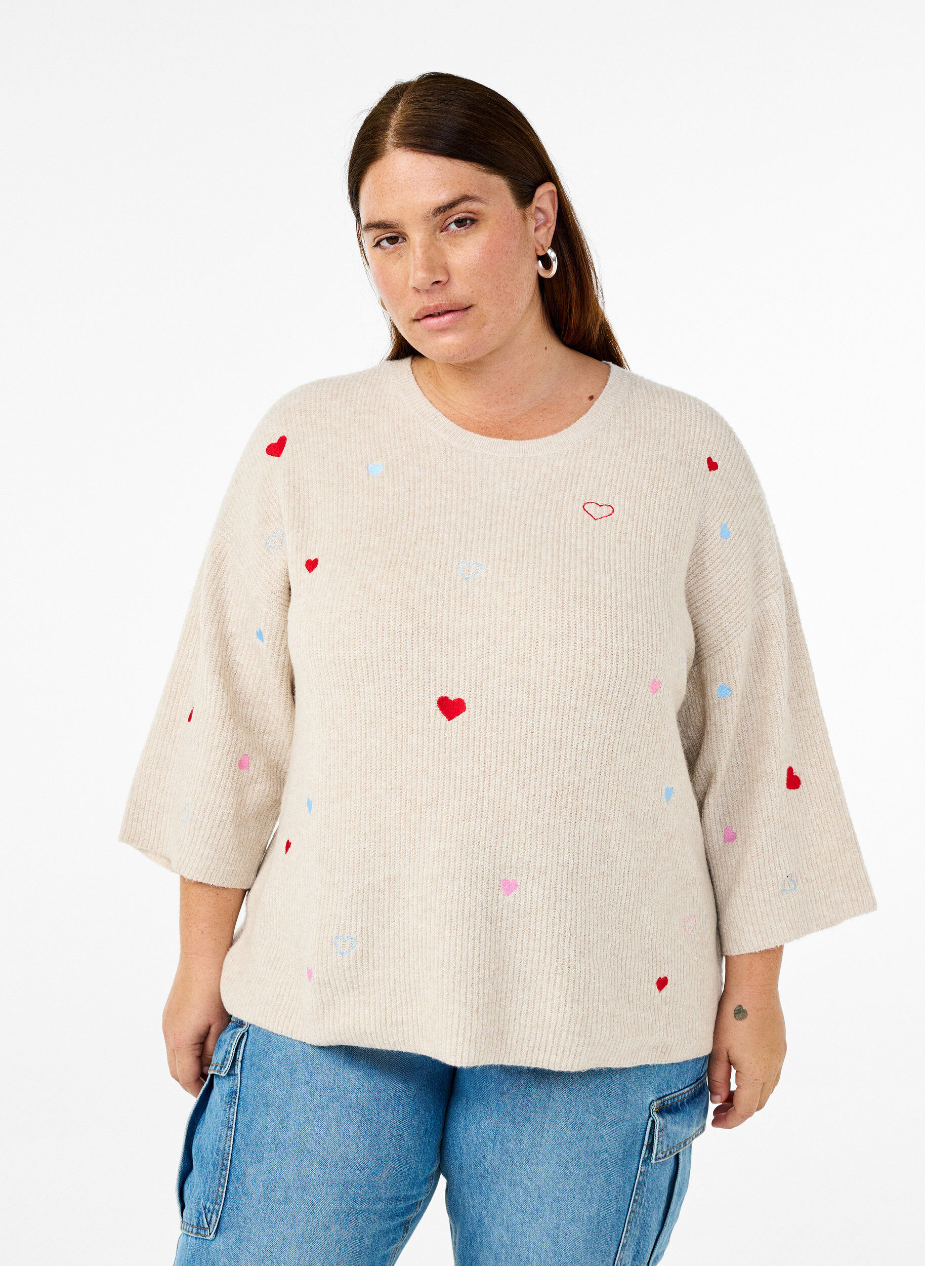 Strickbluse mit Herzen und 3/4-&Auml;rmeln, Beige, Model