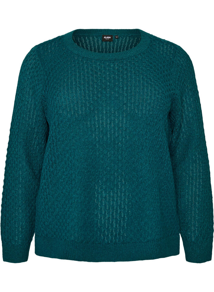Blouse en maille avec motif ajour&eacute; textur&eacute;, Vert fonc&eacute;, Packshot image number 0