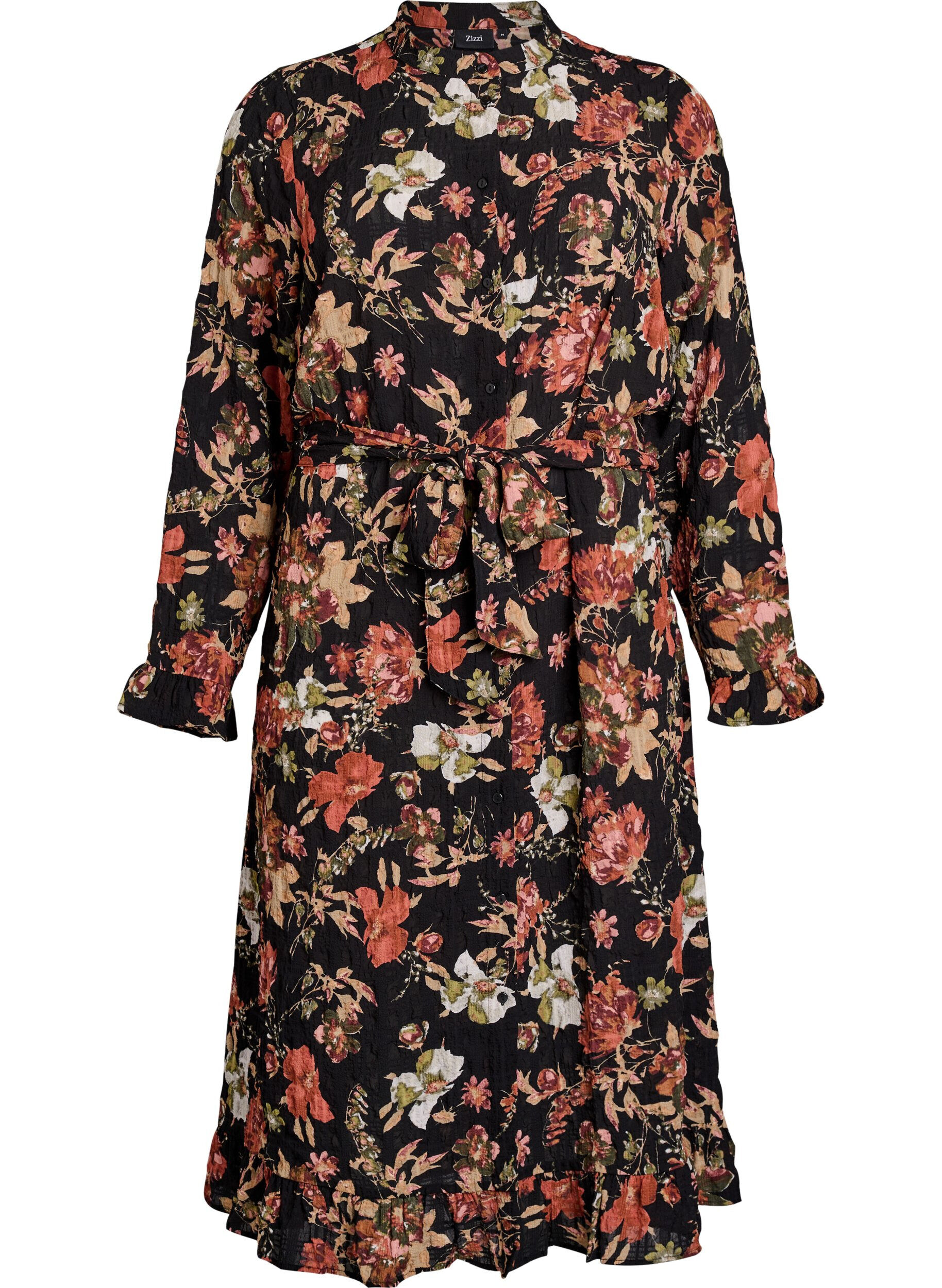 Zizzi Robe midi &agrave; imprim&eacute; floral avec ceinture amovible &agrave; nouer, Charbon, Packshot image number 0