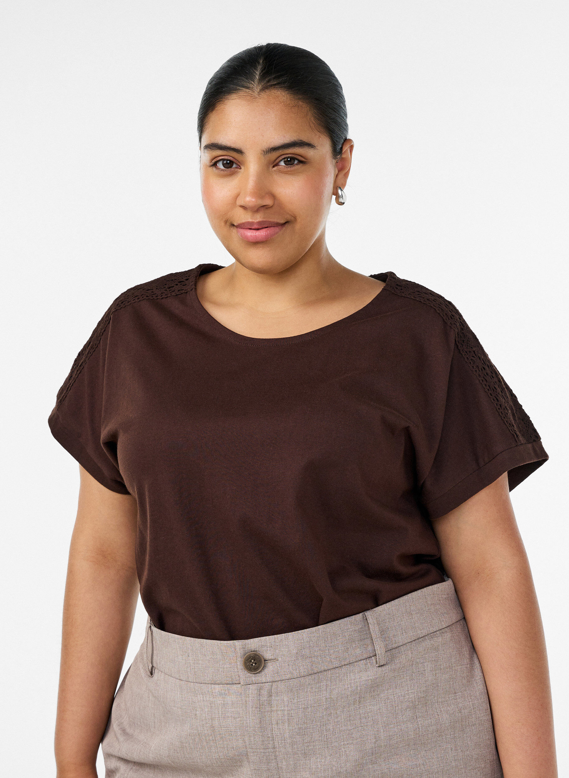 ZizziT-shirt en coton avec d&eacute;tails en crochet, Marron, Model image number 0