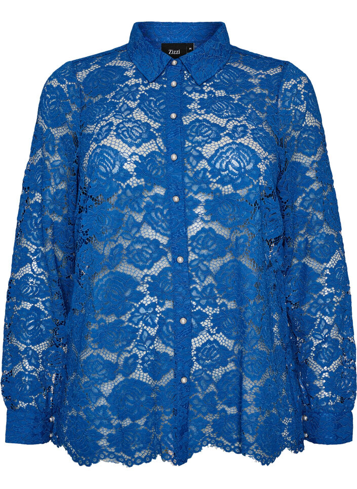 Chemise en dentelle avec boutons nacr&eacute;s, Bleu, Packshot image number 0