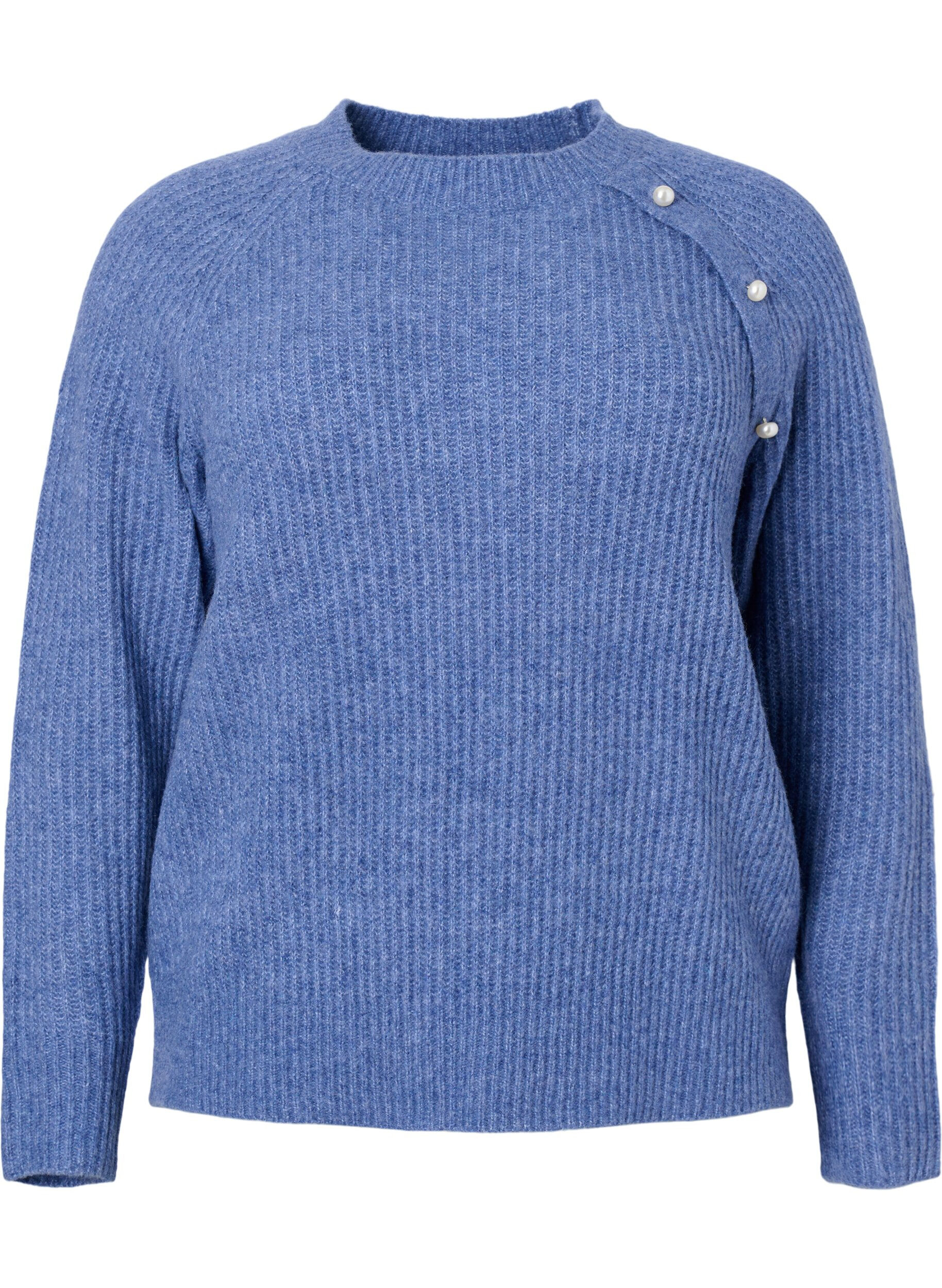 Zizzi Melange-Pullover mit perlenbesetzten Kn&ouml;pfen, Coastal Fjord Mel., Packshot image number 0