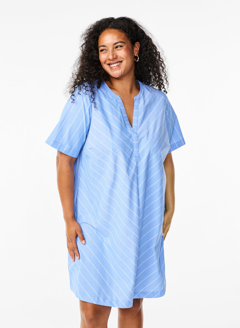 Robe rayée en coton biologique, Blue Stripe, Model image number 0