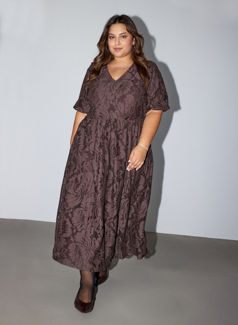 Robe midi en jacquard floral, Marron, Model image number 0