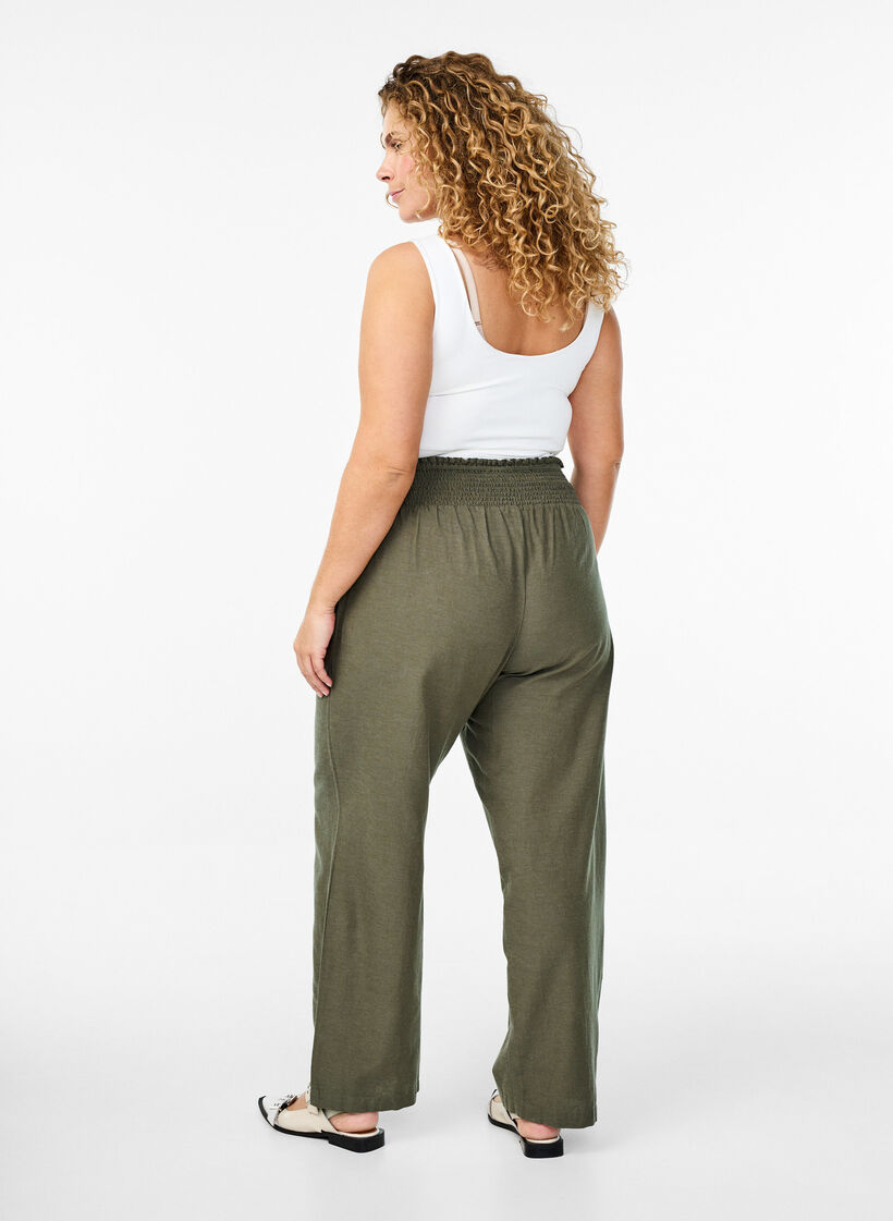 Pantalon à smocks en lin, Vert foncé, Model image number 1