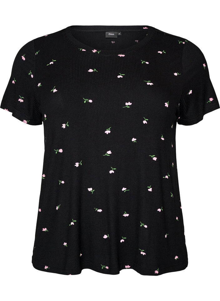 Haut de pyjama &agrave; imprim&eacute; floral et texture c&ocirc;tel&eacute;e, Noir, Packshot image number 0