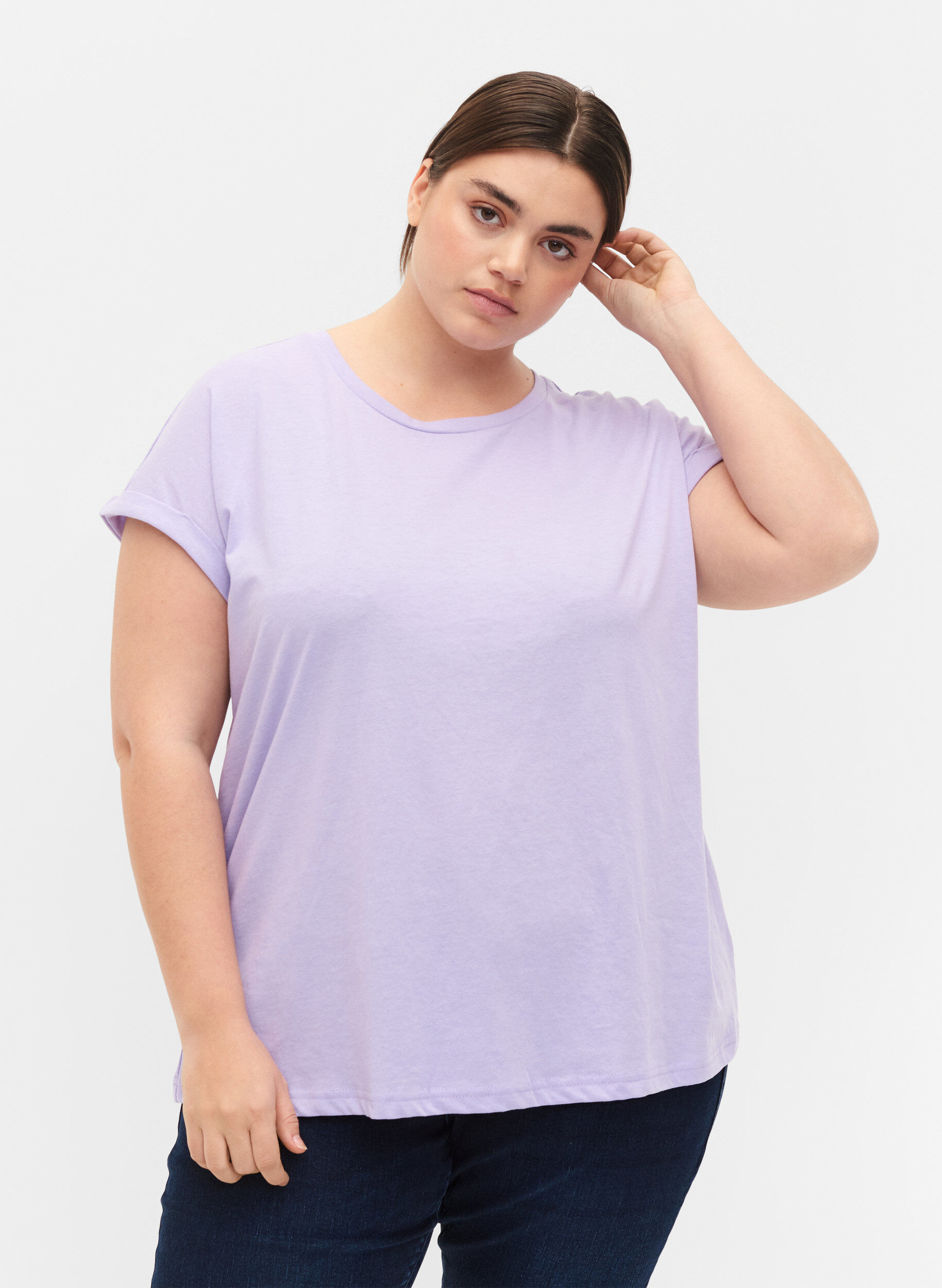 Zizzi T-Shirt aus Baumwollmischung mit kurzen &Auml;rmeln, Lila, Model image number 0