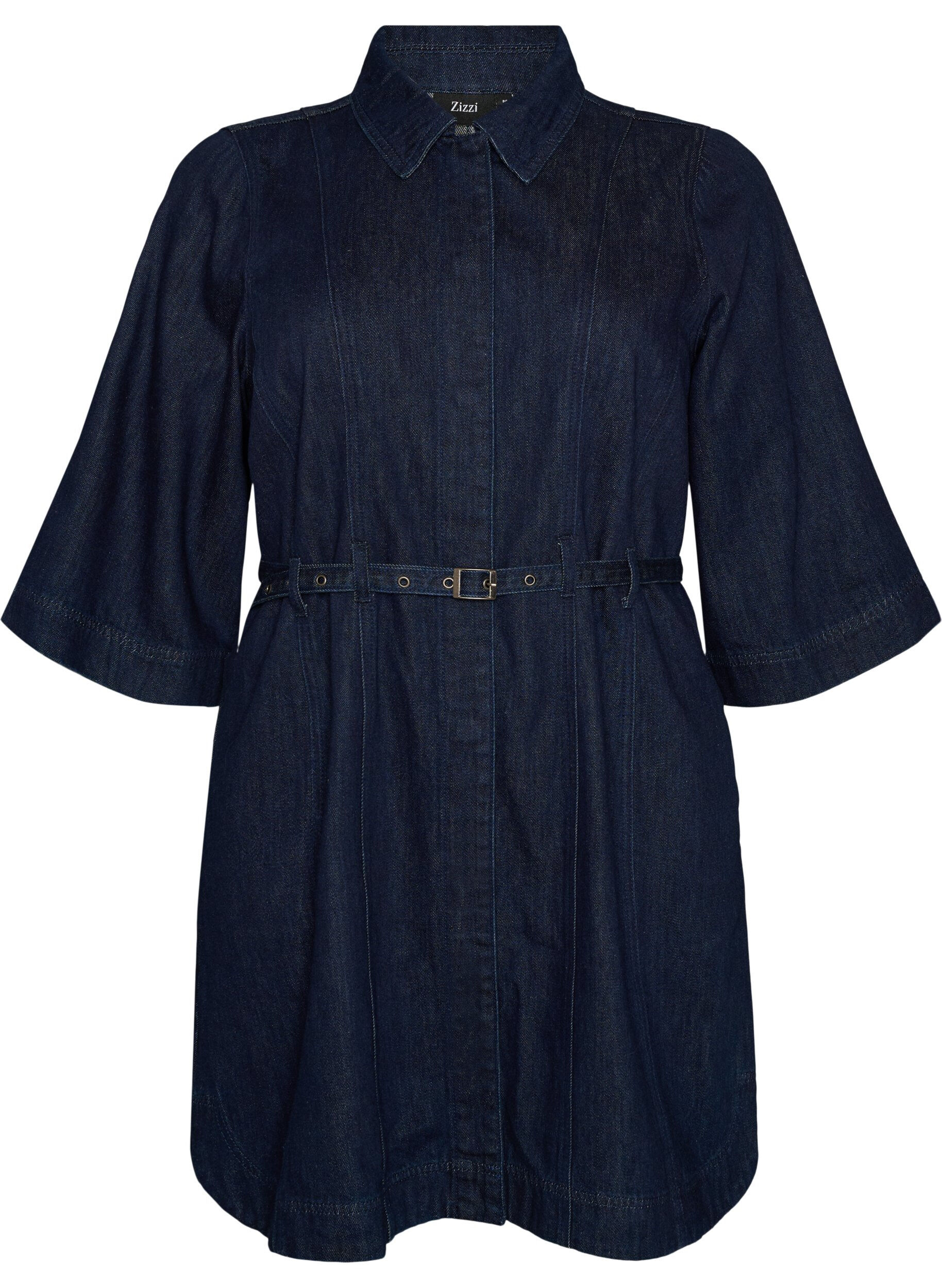 ZizziJeanskleid mit G&uuml;rtel und 3/4-&Auml;rmeln, Blau, Packshot image number 0