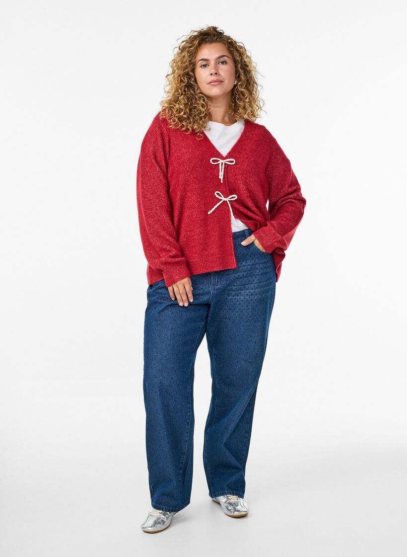 Jean taille haute à coupe droite avec strass, Bleu, Model