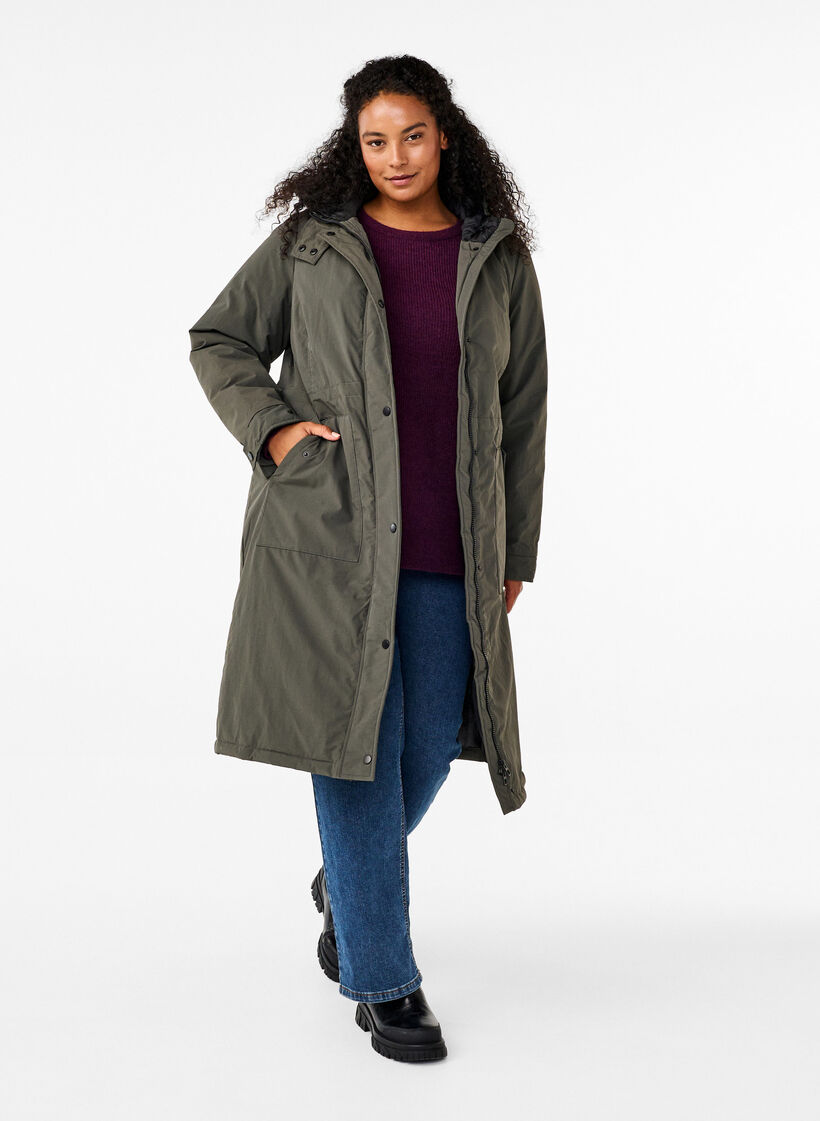 Parka avec capuche et taille réglable, Black Olive, Model image number 1