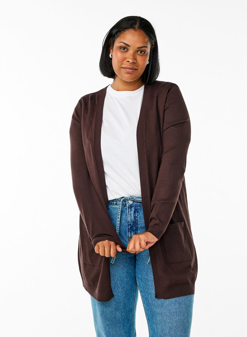 Lange Strickjacke aus Viskose-Mischung, Braun, Model image number 0
