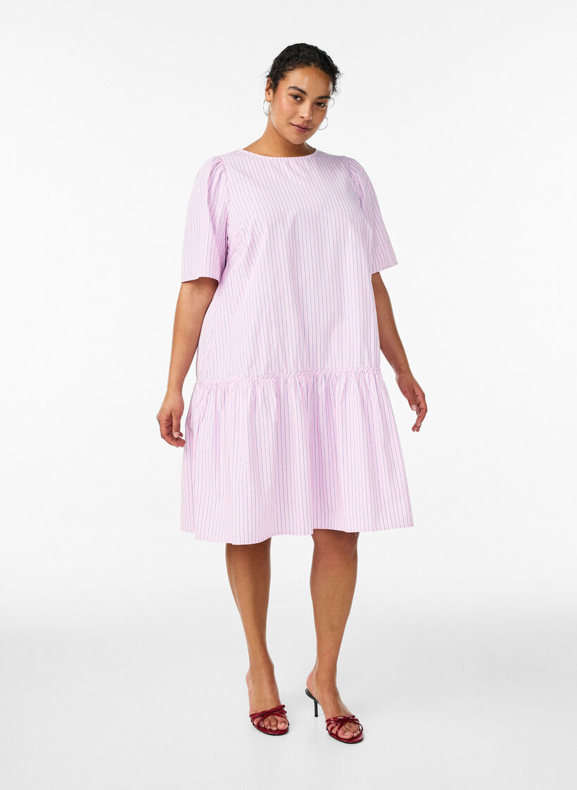 Knielanges gestreiftes Kleid mit Steinen und Puff&auml;rmeln, Pink, Model image number 1