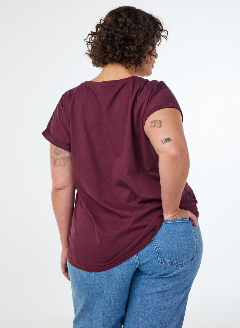 T-shirt &agrave; manches courtes en coton m&eacute;lang&eacute;, Bordeaux, Model image number 2