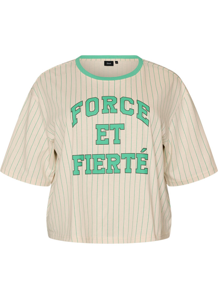 T-shirt boxy &agrave; rayures avec imprim&eacute; statement, Vanille, Packshot image number 0