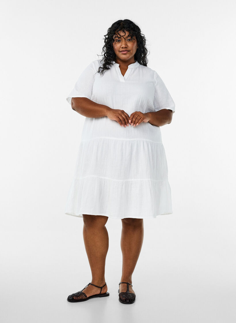 Kurzes A-Linien-Kleid aus Baumwollmusselin, Wei&szlig;, Model image number 1