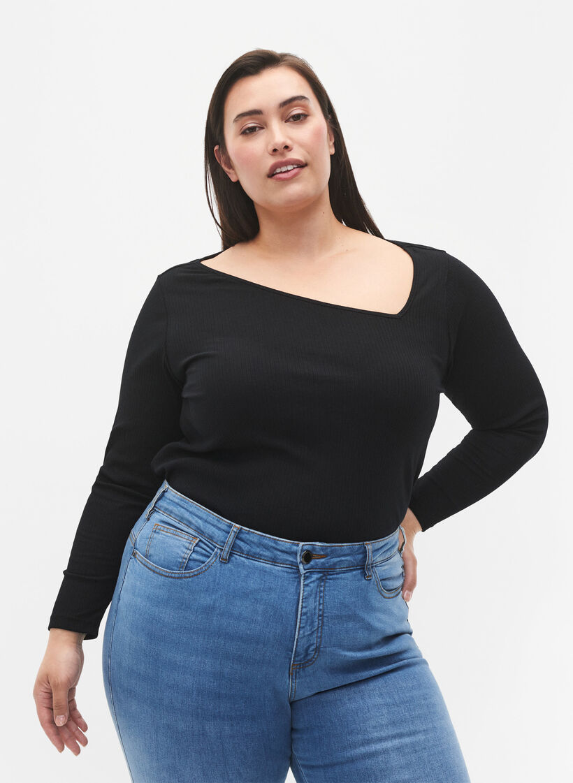 T-shirt à manches longues avec coupe asymétrique, Black, Model image number 0