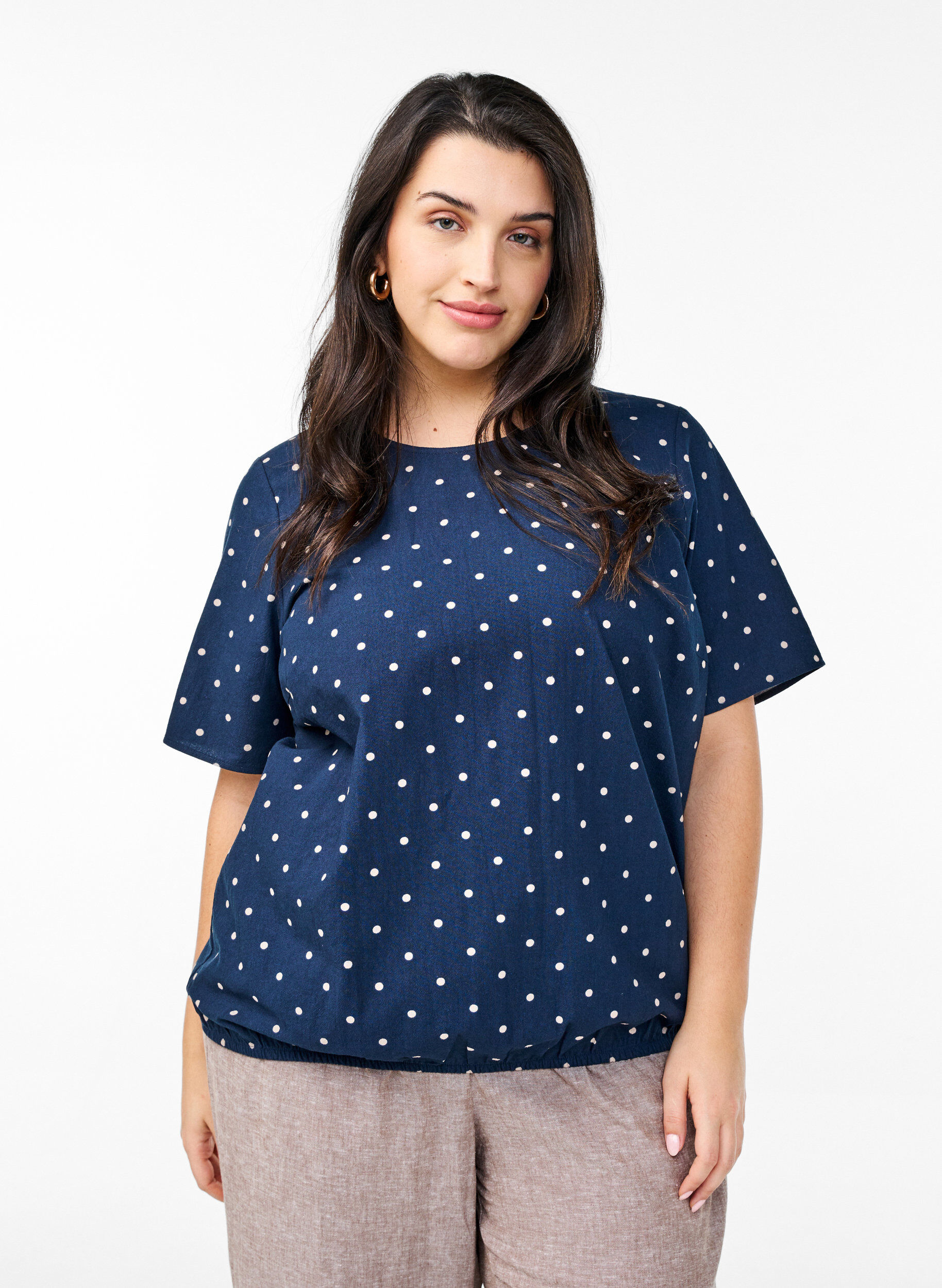 Baumwoll-Bluse mit Print und kurzen &Auml;rmeln, Blau, Model