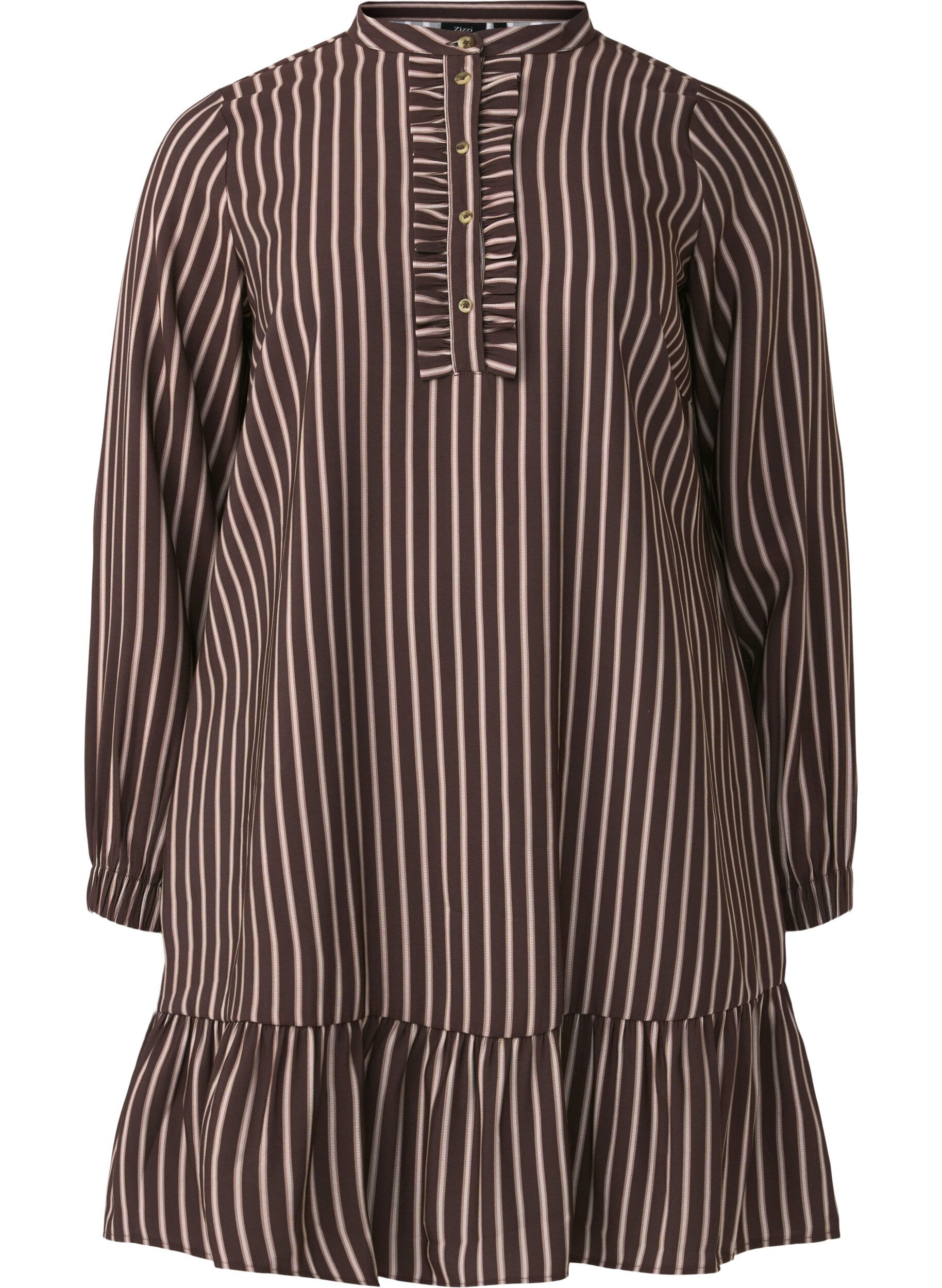Zizzi Kurzes gestreiftes Kleid mit R&uuml;schen, Hot Fudge Stripe AOP, Packshot image number 0