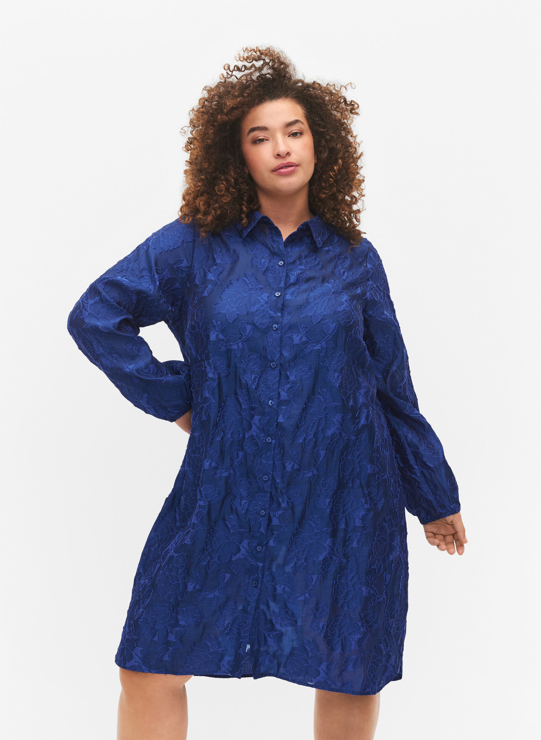 Zizzi Langes Jacquard-Hemd, Mazarine Blue, Model image number 0