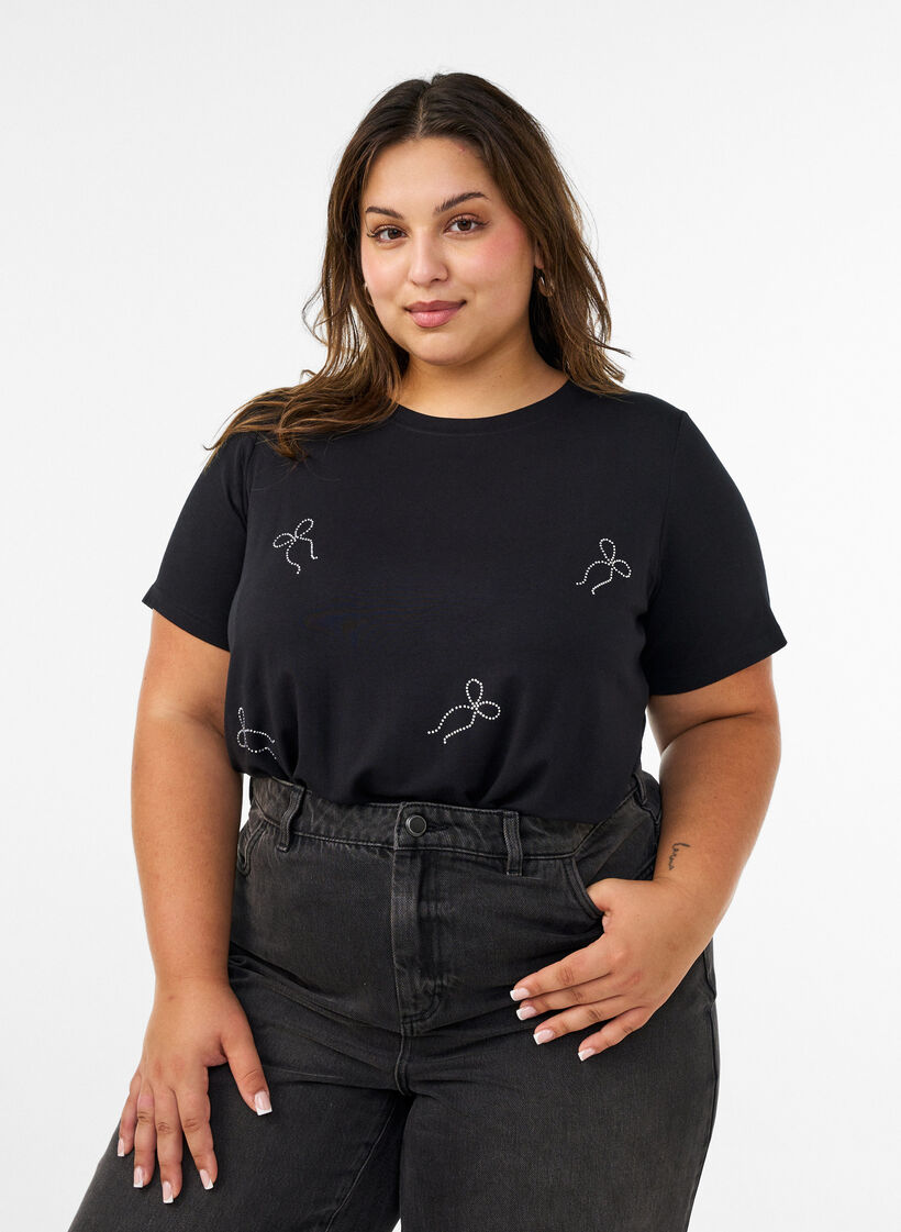 T-shirt en viscose avec strass, Noir, Model image number 0
