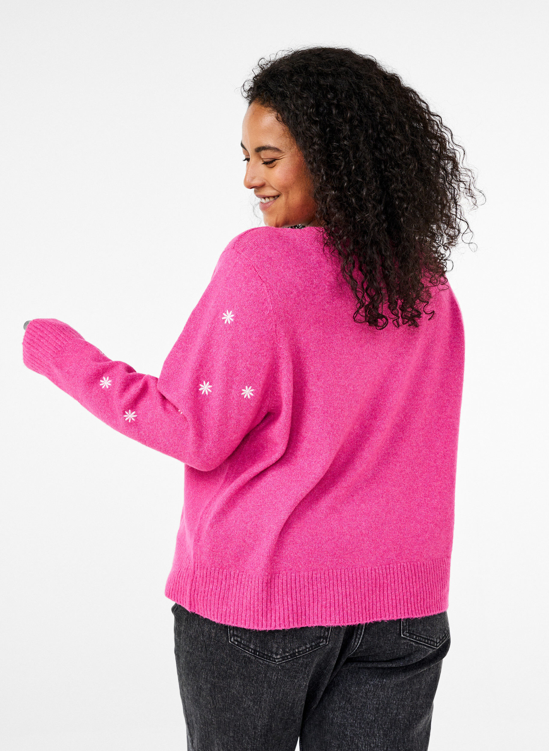 Zizzi Strickjacke mit Schn&uuml;rdetails und Stickerei, Raspberry Rose Comb, Model image number 1