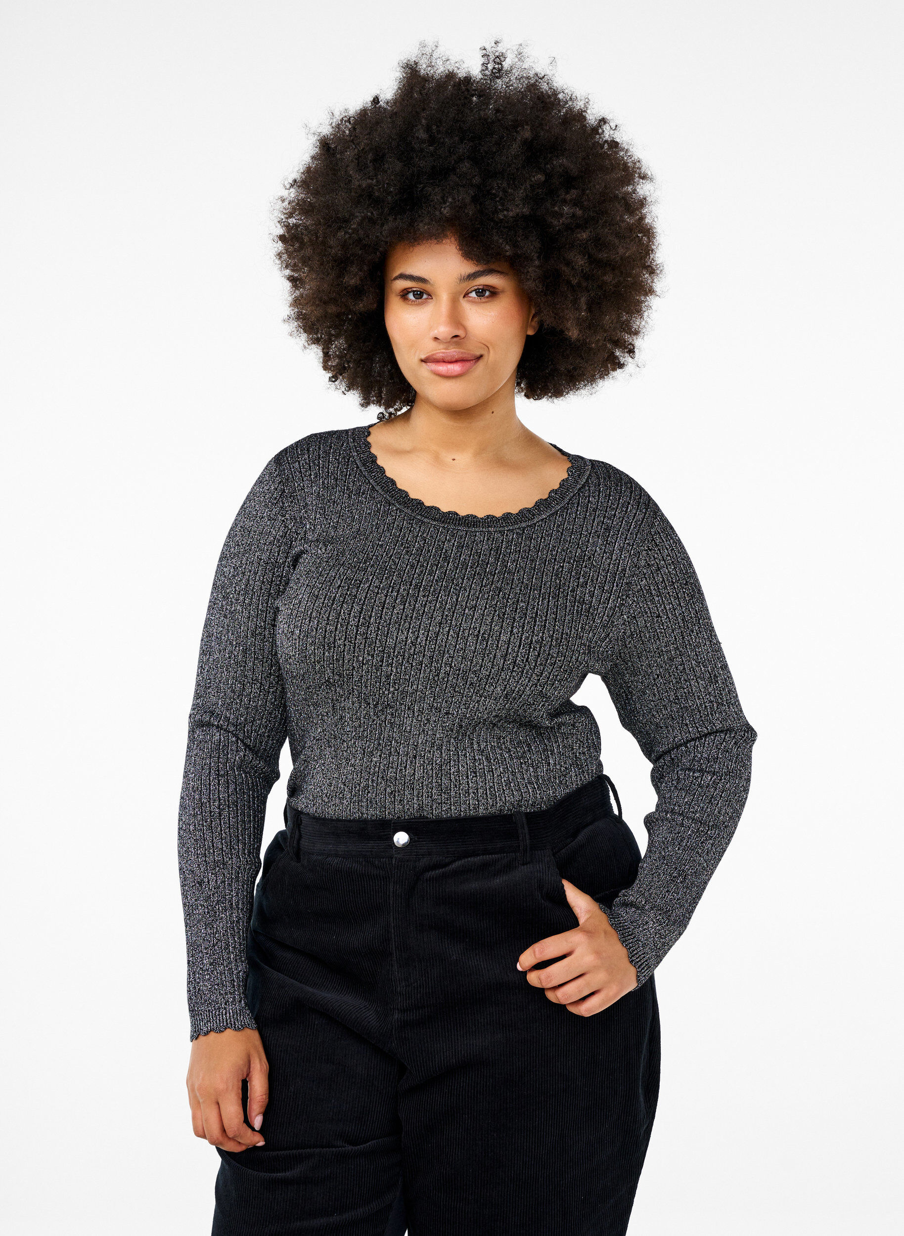 Zizzi Eng anliegende Strickbluse mit Glitzerfaden, Schwarz, Model image number 0