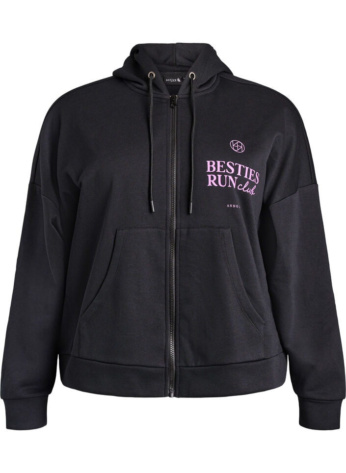 Hoodie mit Rei&szlig;verschluss und Brustprint, Schwarz, Packshot image number 0
