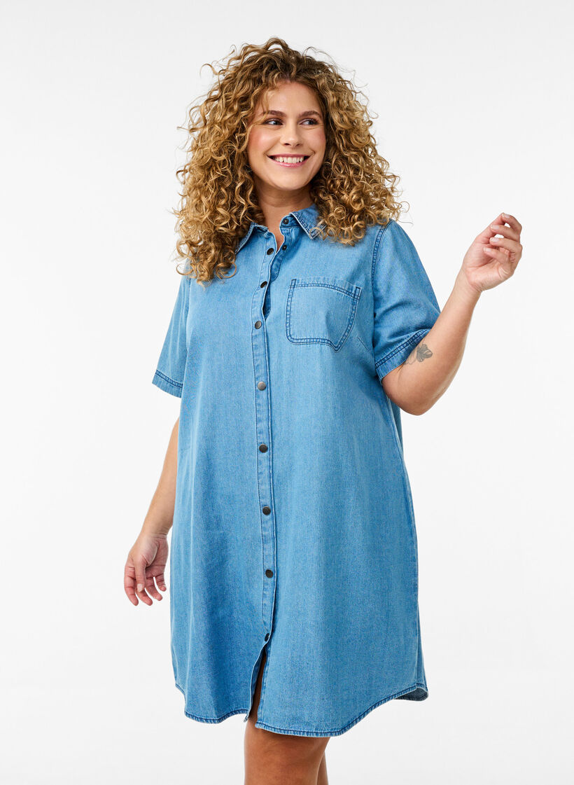 Jeanskleid aus Denim mit kurzen Ärmeln, Blau, Model image number 0