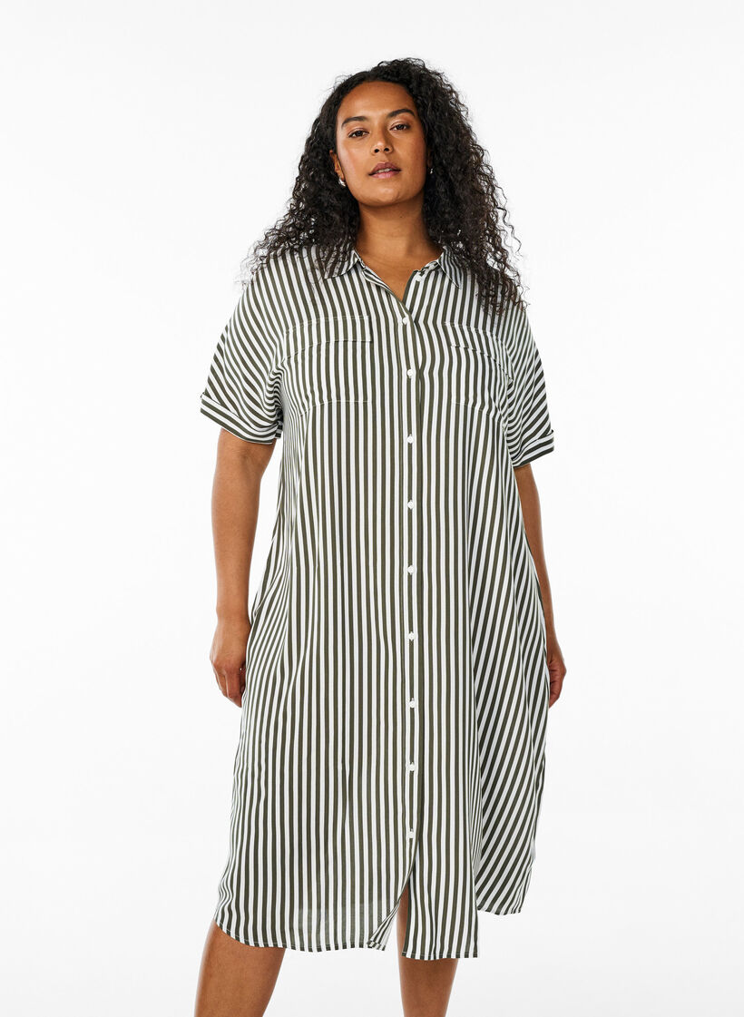 Langes Hemdkleid mit kurzen &Auml;rmeln, Gr&uuml;n, Model image number 0