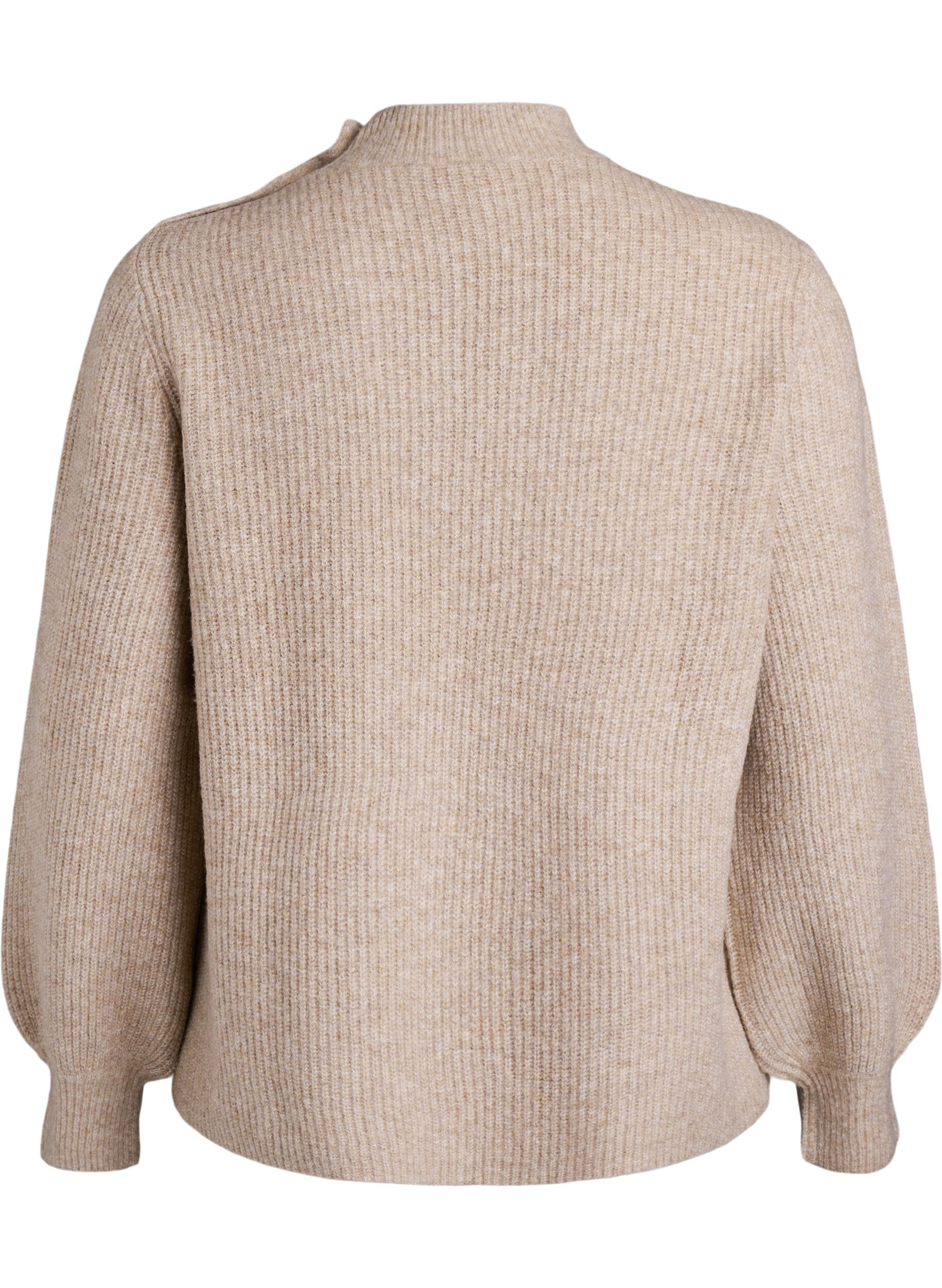 Zizzi Pullover aus Rippstrick mit Puff&auml;rmeln und Kn&ouml;pfen, Beige, Packshot image number 1