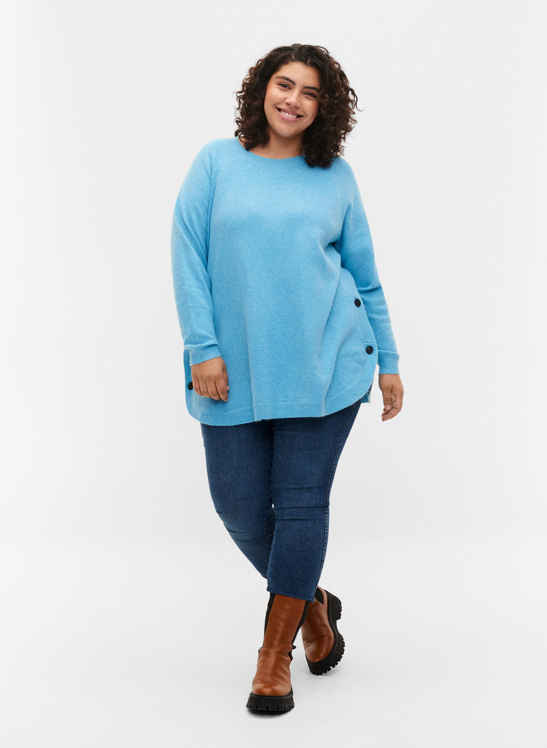 Zizzi Pull en tricot avec des boutons, River Blue WhiteMel., Model image number 2