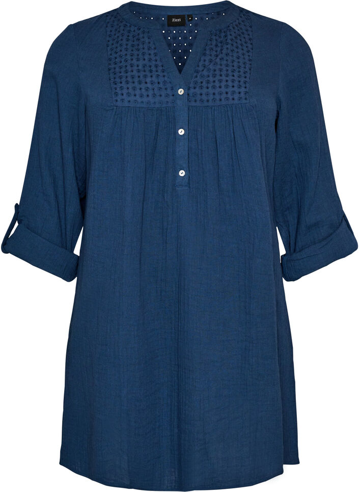 Tunique en mousseline de coton avec broderie anglaise, Bleu, Packshot image number 0