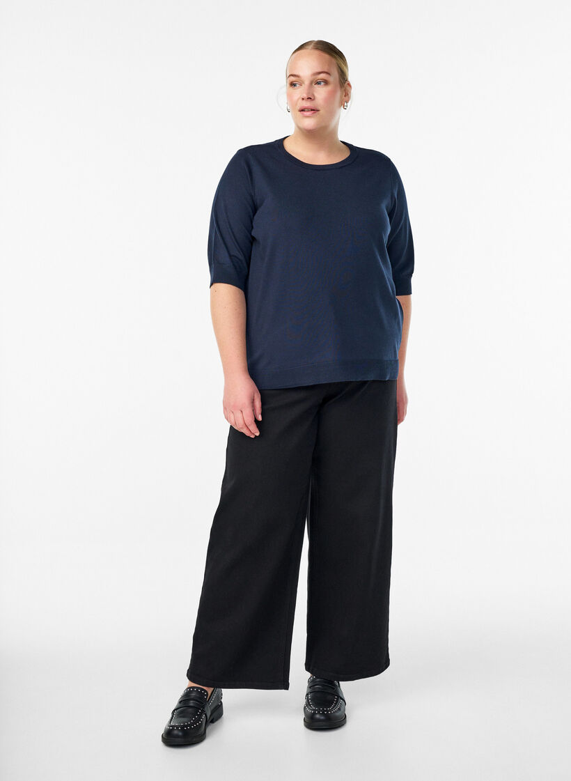 Blouse en fine maille &agrave; manches courtes, Bleu, Model image number 1