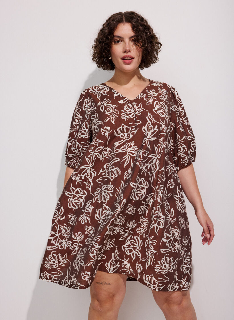 Robe courte coupe &eacute;vas&eacute;e avec col en V, Marron, Image image number 0