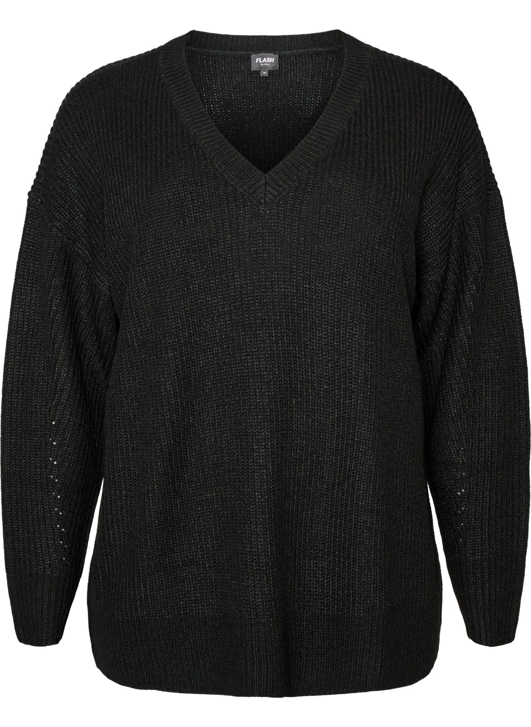 ZizziLange Rippstrickbluse mit V-Ausschnitt, Schwarz, Packshot image number 0
