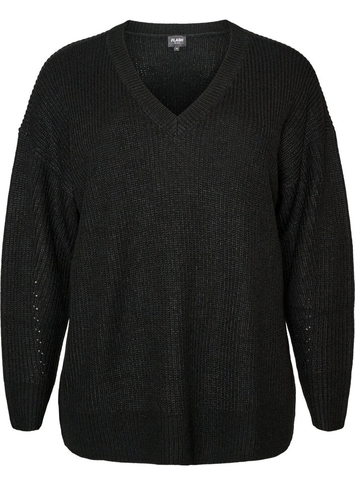 Lange Rippstrickbluse mit V-Ausschnitt, Schwarz, Packshot image number 0
