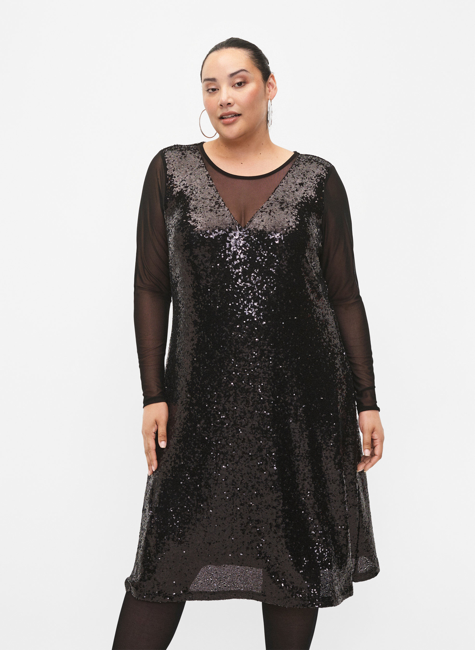 Zizzi A-Linie-Paillettenkleid mit langen &Auml;rmeln, Black, Model image number 0