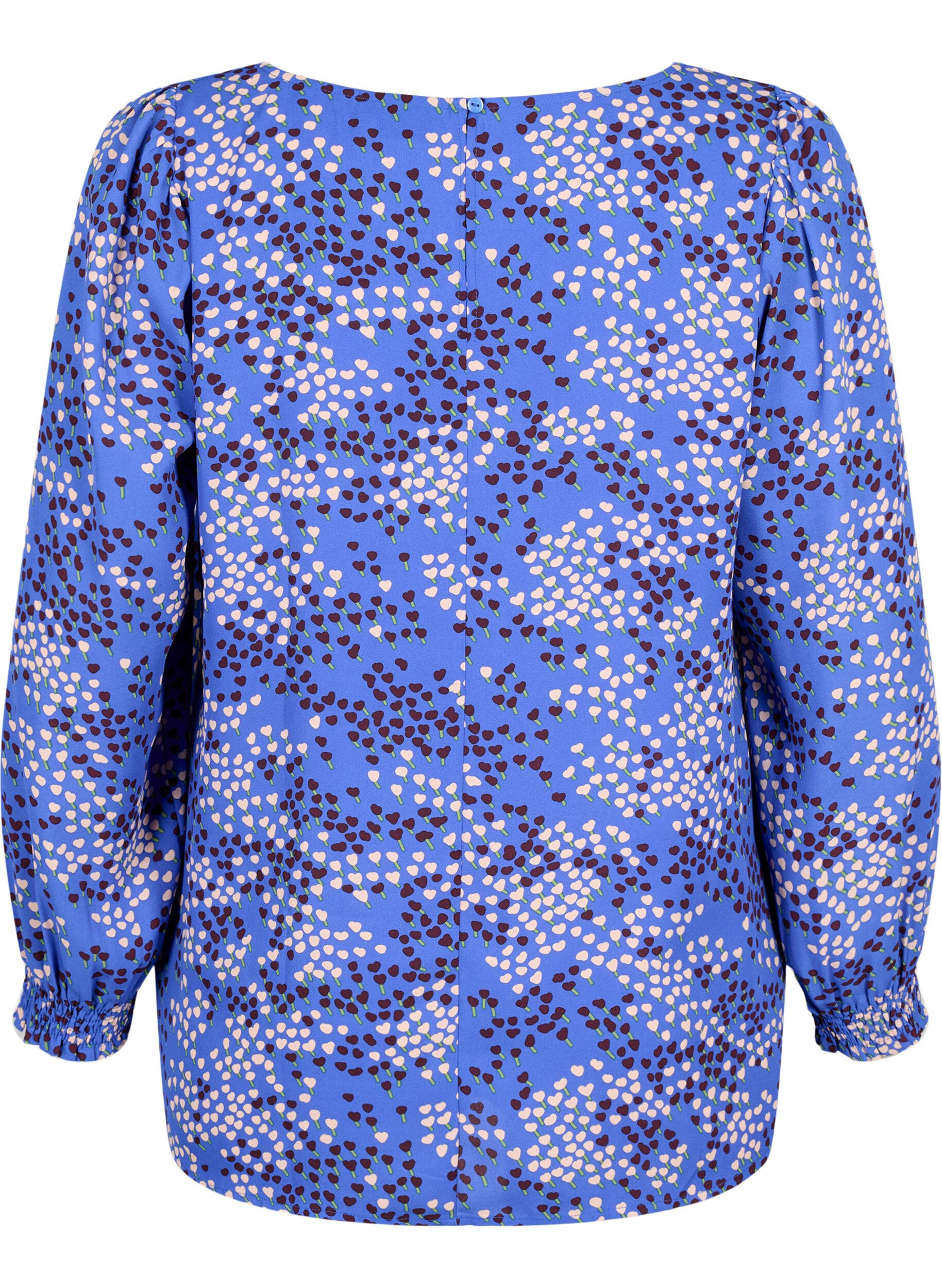 Zizzi FLASH - Lang&auml;rmelige Bluse gesmokt und bedruckt, Dazzling Blue AOP, Packshot image number 1