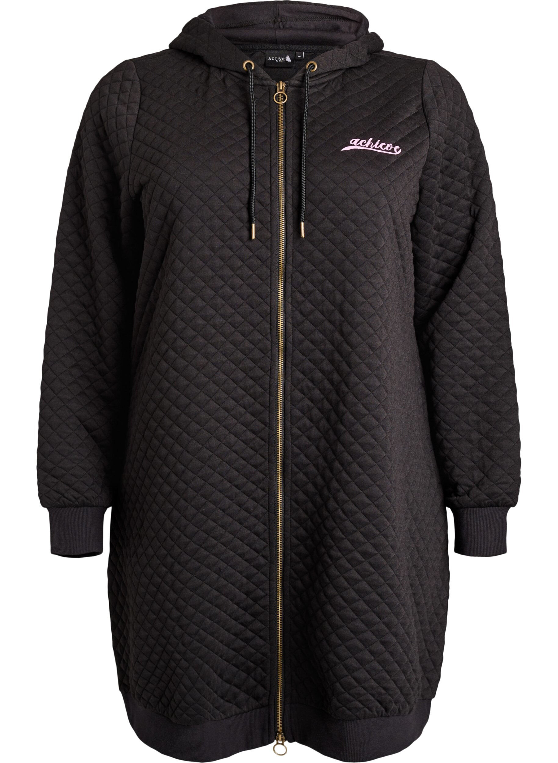 Zizzi Cardigan matelass&eacute; long avec fermeture &eacute;clair pour le sport, Noir, Packshot image number 0